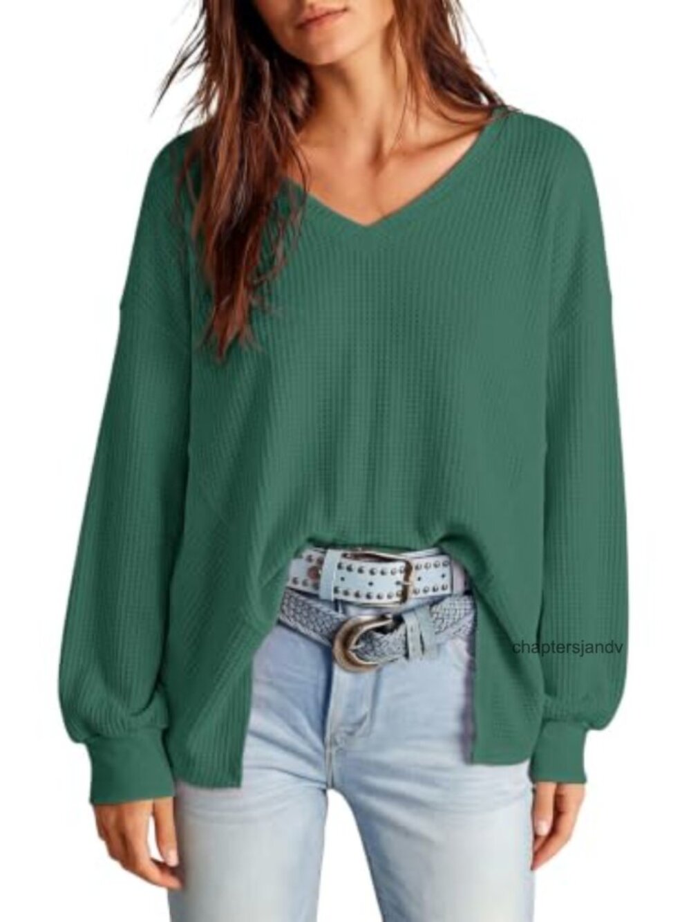 Waffle Knit Oversized T-Shirt Long Sleeve V-Neck Pullover Top